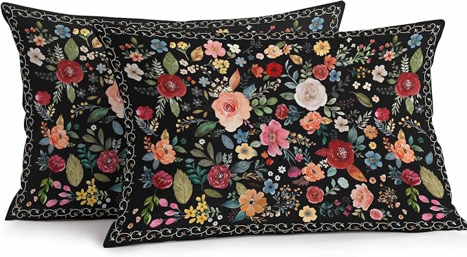 Watercolor Flowers Waterproof Outdoor Pillow Covers 20''x12'' Set of 2, Farmhouse Floral Patio Furniture Black Cushion Covers for Chairs, Decorative Vintage Wildflowers Pillow Cases for Garden/Pool