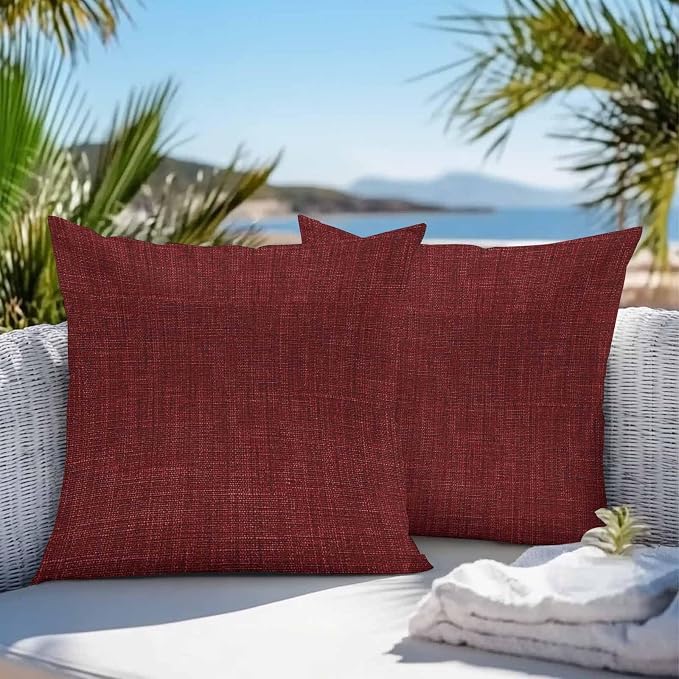 Vandarllin Outdoor Throw Pillows Covers 20x20 inch Set of 2 Waterproof Wine Red Linen Decorative Zippered Cushion Covers for Patio Furniture, Farmhouse Pure Color Lumbar Pillowcases