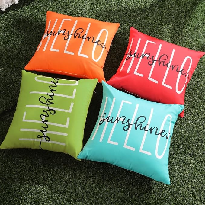DFXSZ Grass Green Outdoor Waterproof Pillow Covers 16x16 Set of 2 | Hello Sunshine Decor Spring Summer Polyester Pillow Covers(NO INSERTS)| Decor for Patio Funiture Garden Sofa Couch