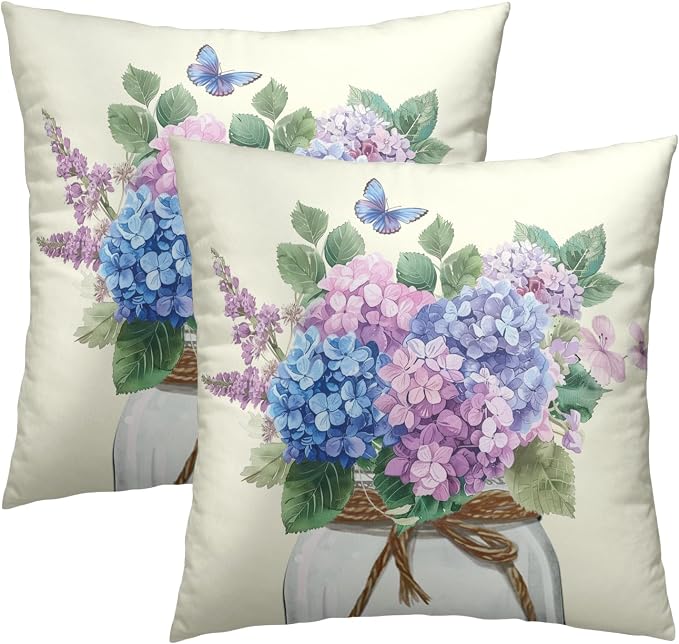 Hydrangea Flower Throw Pillow Cover Set of 2 16x16 Inch Vintage Blue Purple Floral Jar Watercolor Decorative Couch Pillow Cushion Case for Outdoor Patio Living Room Bedroom Decor