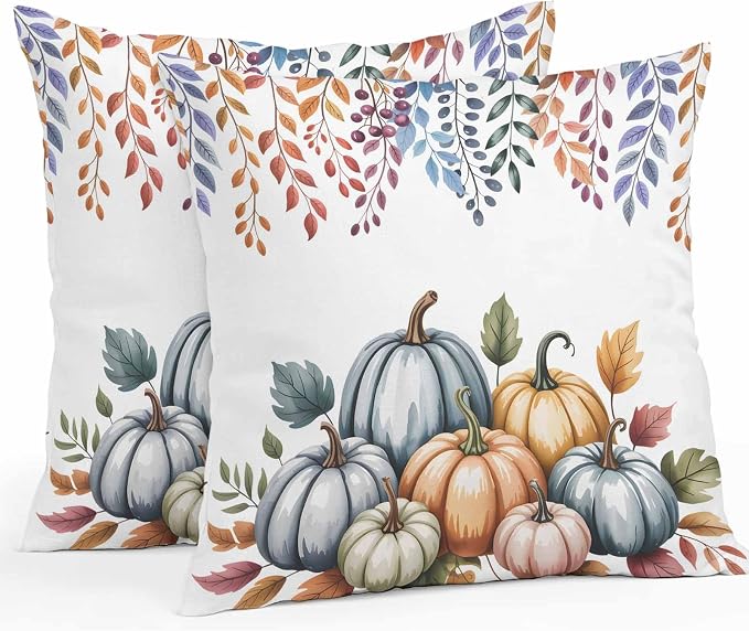 Orange Fall Pumpkins Outdoor Waterproof Pillow Covers, Eucalyptus Leaves Country Farmhouse Decorative Square Throw Pillowcase Sofa Cushion Sham for Patio/Couch/Chair, 18"x18" 2 Pack