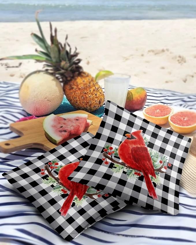 Vandarllin Christmas Outdoor Throw Pillows Covers 20X20 Set of 2 Waterproof Red Cardinals Decorative Zippered Lumbar Cushion Covers for Patio Furniture, White Black Buffalo Check Plaid