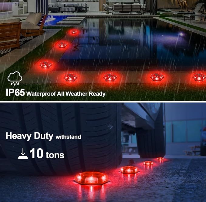Solar Dock Lights Driveway Deck Lights - 12 Packs Waterproof Outdoor LED Aluminum Dock Lighting Warning Step Light for Driveway Sidewalk Garden Pathway Yard (Red)