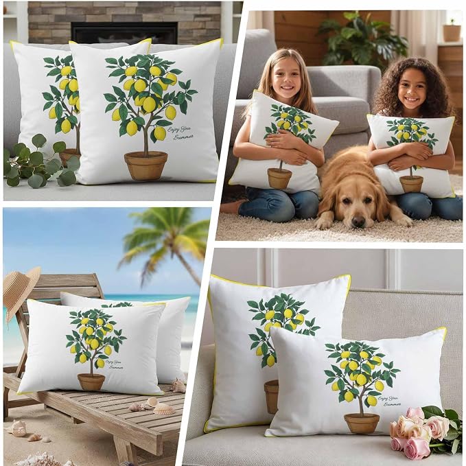 Summer Yellow Lemons Outdoor Waterproof Pillow Covers Set of 2, Green Leaf Botanical Garden Frame Pillowcase Decorative Throw Cushion Cases for Patio Garden Couch 24 x 24 Inches