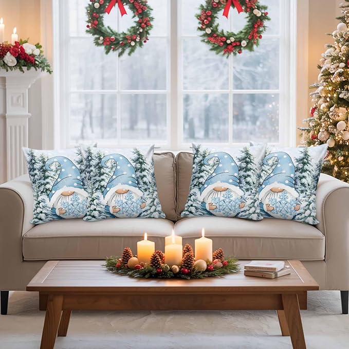 Christmas Gnome Outdoor Pillow Covers Set of 2, Xmas Blue Snowflake Decorative Waterproof Throw Pillowcase Winter Snowy Pine Forest Cotton Linen Soft Cozy Cushion Cover Pillowsham 20x20In
