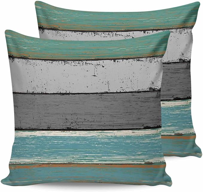 Outdoor Throw Pillow Covers 24X24 Set of 2 Waterproof Teal Green Gray Sea Decorative Zippered Cushion Covers for Patio Furniture, Farmhouse Retro Rustic Barn Wood Texture Lumbar Pillowcases