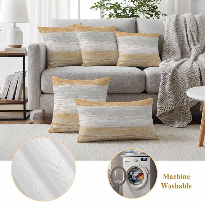 Outdoor Waterproof Throw Pillow Covers, Vintage Orange Grey Decorative Pillow Cases, Farmhouse Barn Wooden Striped Couch Pillow Protector Patio Sofa Cushion Covers Replacement 26"x26" 2 Pack