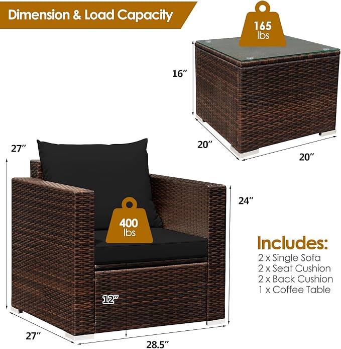 HAPPYGRILL 3PCS Patio Furniture Set Rattan Wicker Sofa Set with Cushions and Coffee Table Outdoor Patio Conversation Set for Garden Poolside Balcony