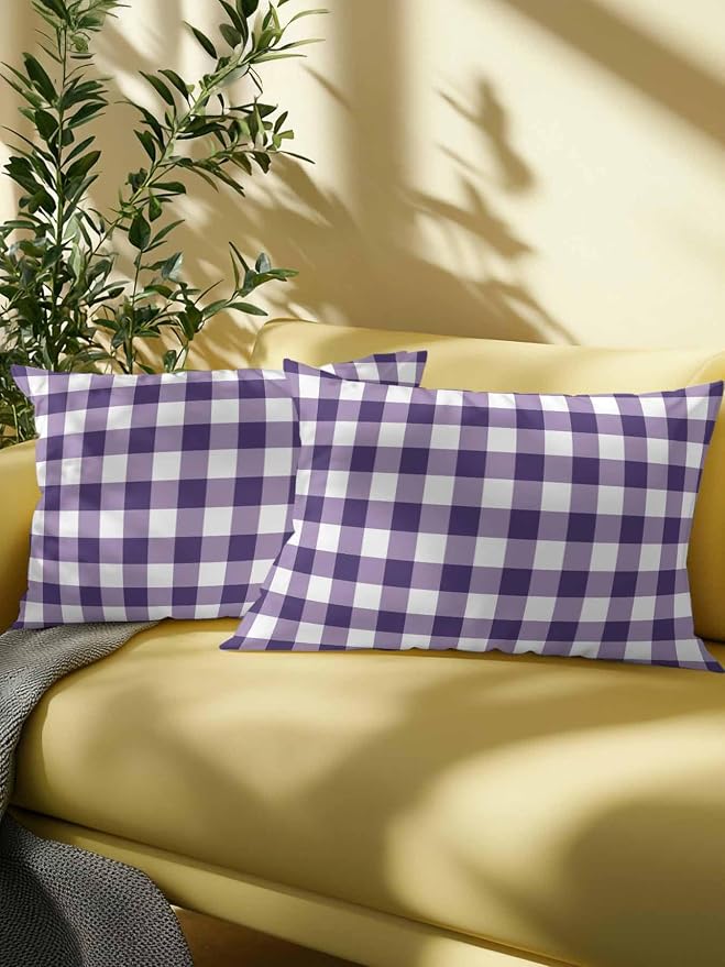Waterproof Outdoor Pillow 1 Pack Purple Buffalo Plaid Decorative Throw Pillows Cover & Insert 20x12 Inch Lumbar Pillowcase Check Lines Pillows for Couch Sofa Bed Patio Furniture Indoor Outdoor