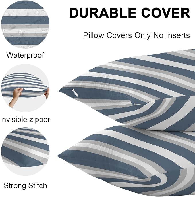 Haze Blue Stripe Outdoor Pillow Covers Waterproof, All Weather Cushion Case Set of 2, Farmhouse Blue Gray Striped Decorative Pillowcases for Sofa Couch Bed Decor Patio Furniture 16"x16"