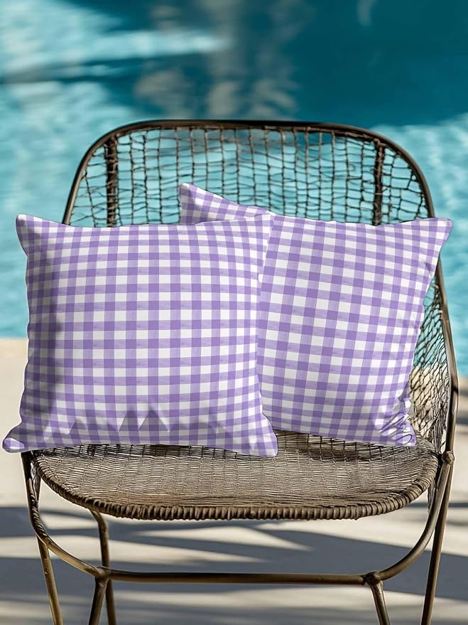Outdoor Waterproof Throw Pillows Purple White Checkered Plaid Patio Pillows Pack of 2,Decorative Pillow Covers with Insert,Pillow Cushion Case for Garden Couch Sofa Gradient Buffalo Check