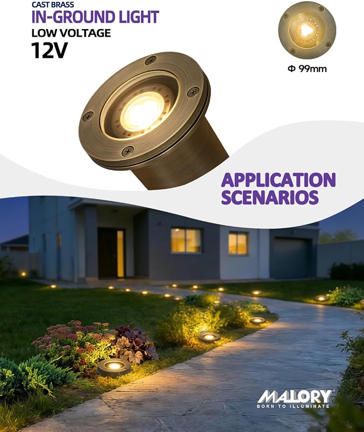 MALORY Brass Landscape Well Lights,(φ99 mm) 12V Low Voltage Outdoor In Ground Lights,Landscape Lighting for Pathway, Driveway and Garden (Full Brass -01A, 1-Pack with Bulb)