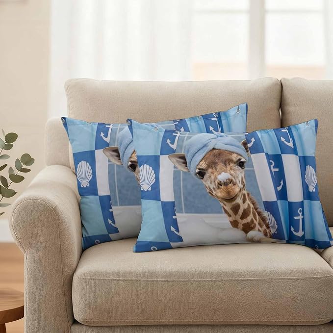 Bathing Giraffe Waterproof Outdoor Pillow Covers Set of 2 Home Decor, Funny Animal Showering Lumbar Pillowcase Patio Pillow Covers for Couch Bench Patio Furniture Garden 20x12in