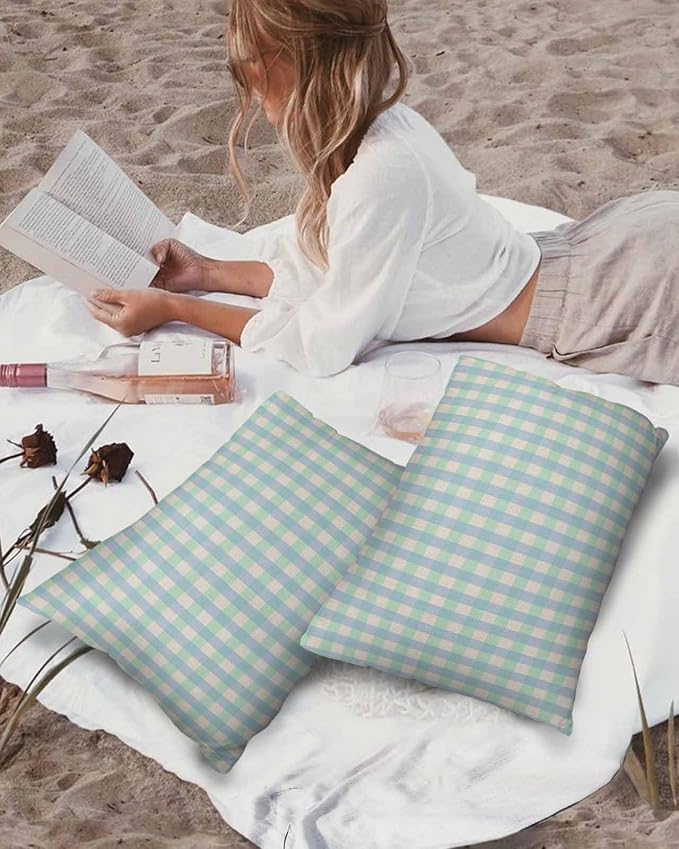 Outdoor Waterproof Throw Pillow Covers Set of 2 Buffalo Plaid Lumbar Pillowcases 20x12 Inches Blue Linen Classic Checked Patio Decorative Pillows Cushion Case Patio Pillows for Couch Bed Chair Garden