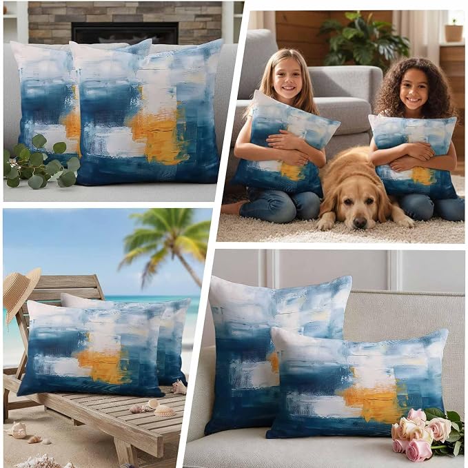 Blue Yellow Outdoor Waterproof Throw Pillow Covers Set of 2, 16"x16", Abstract Oil Painting Decorative Pillow Covers Outside Cushion Case for Patio Porch Garden