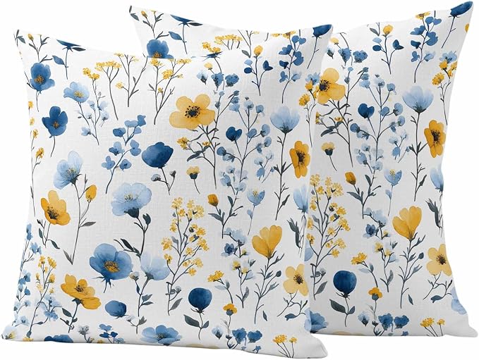 Watercolor Blue Outdoor Waterproof Throw Pillow Covers Set of 2, 16"x16", and Yellow Flower Leaves Spring Plant Decorative Pillow Covers Outside Cushion Case for Patio Porch Garden