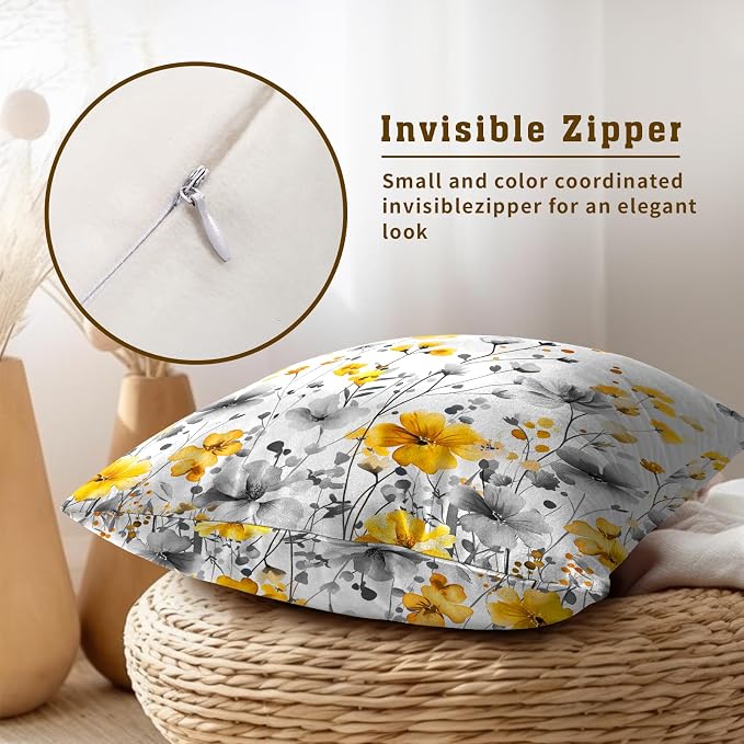 Watercolor Wildflowers Pillow Covers 16x16 Inch, Set of 2 Grey Yellow Spring Summer Blossom Floral Square Pillowcases Cotton Cushion Cover for Living Room Bed Sofa Home Decor