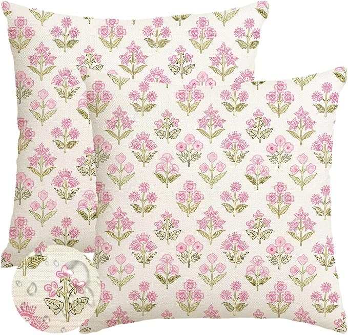 RABUSOFA Pink Vintage Floral Summer Pillow Covers Set of 2,Seasonal Flower Oudtdoor Decorative Throw Cuchion Cases Spring Summer Decorations for Home Patio Couch Decor 20x20 Inch
