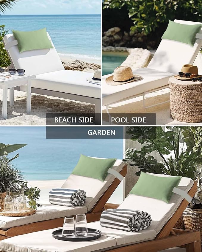 Chaise Lounge Chair Pillow with Strap & Insert Sage Green Outdoor Recliner Head Pillow Pack of 2 Solid Green Color Waterproof Headrest Patio Lumbar Pillow for Beach Pool Office Chair 12x20 Inch