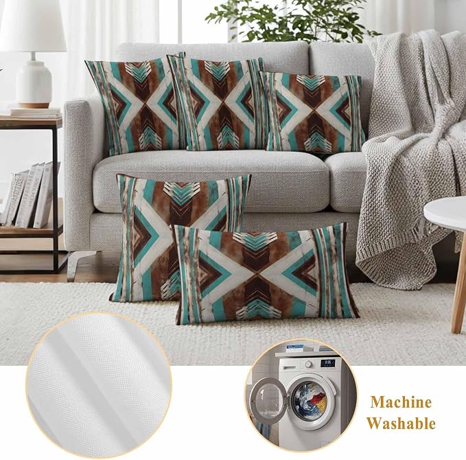 Aztec Southwestern Outdoor Pillow Covers 24"x24" Set of 2, Vintage Abstract Brown Turquoise Diamond Waterproof Throw Pillow Covers for Patio Furniture, Decorative Cushion Covers for Porch