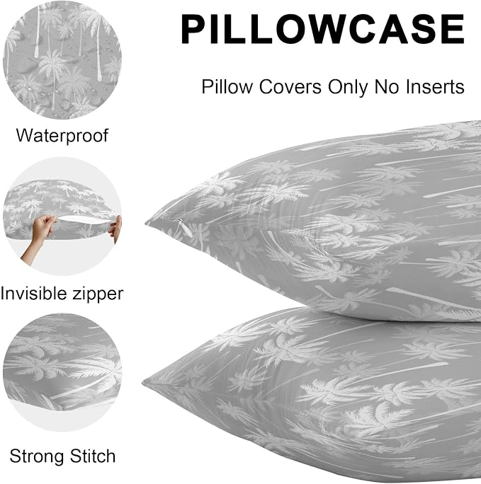 Throw Pillow Covers 26x26 Inch Set of 2, Tropical Palm Tree Waterproof Outdoor Pillow Covers, Gray White Plants Coastal Leaf Beach Decorative Cushion Pillowcases for Couch, Sofa, Bed, Garden, Patio