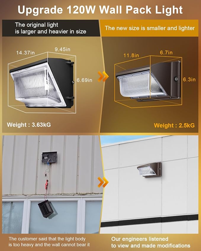 ledmo LED Wall Pack Light Size Update Dusk to Dawn Lighting 120W | Outdoor Security Flood Lighting 5000K Commercial and Industrial Fixture for Buildings, Warehouses, Parking Lots, Yard