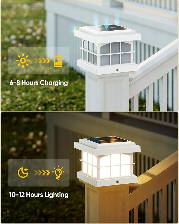 RGBCW Solar Post Cap Lights 8-Pack, 9 Colors 3 Modes Fence Cap Lights, Bright Solar Outdoor Waterproof LED Deck Lighting for Fence Garden Deck Patio Porch Decor 4x4 Vinyl/Wood, White