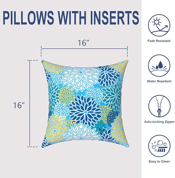 Outdoor Throw Pillows 16x16 Inch, Water Repellent Patio Pillows with Inners Set of 2 for Patio Furniture Home Garden, Dahlia Blue