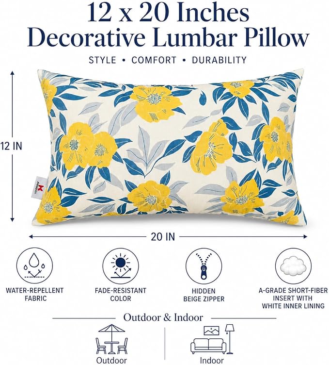 Outdoor Lumbar Pillows 12"x20" Waterproof Patio Pillows with Inserts | Set of 2 Fade Resistant Outdoor Waterproof Lumbar Pillow Decorative Garden Lumbar Cushions for Home Patio Terrace Sofa