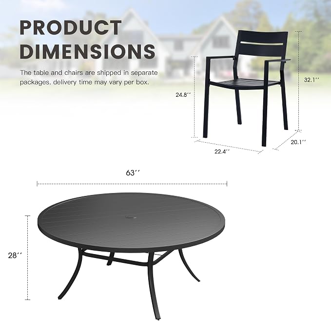 Patio Dining Set for 10, Round 63" Outdoor Dining Table and Chairs Set with Stackable Patio Chairs Outdoor Furniture for Garden Deck Backyard, Black Table and Black Chairs