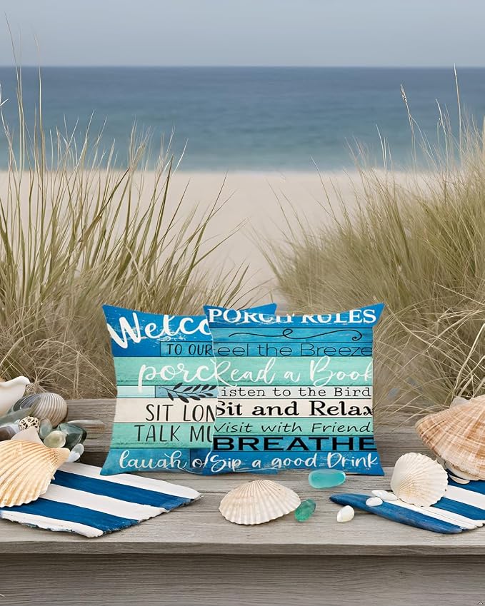 Waterproof Outdoor Pillow Covers 18x18 - Turquoise Blue Beige Woodgrain Coastal Farmhouse Welcome to Porch Decorative Cushion Covers for Patio Furniture, Set of 2