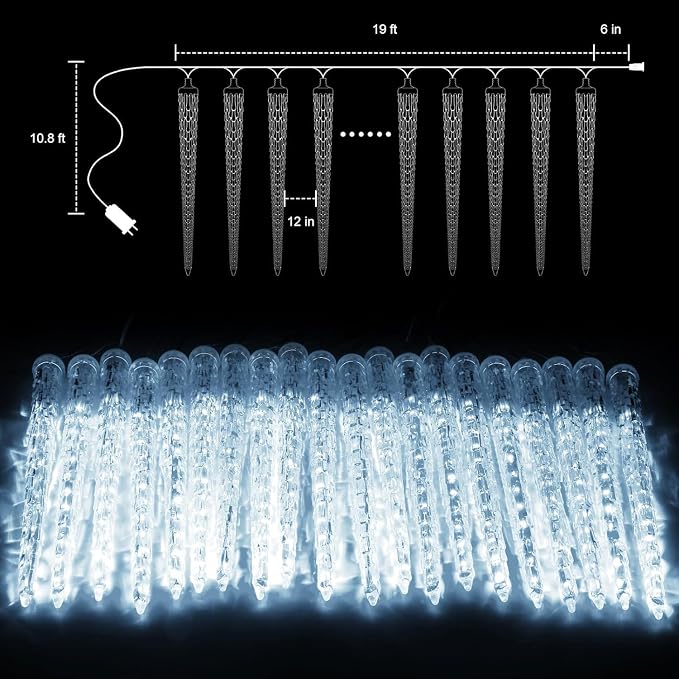 Brightown Christmas Meteor Shower Icicle Lights Outdoor, 2 Pack Total 40ft with 40 Large Tube 960 LED Dropping Effect, Waterproof Decorations for House Eave Roofline, Warm White