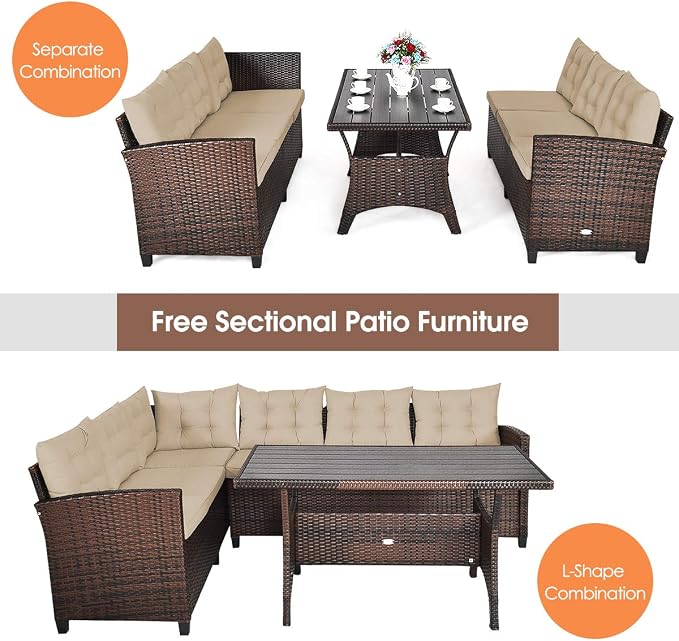 HAPPYGRILL 3 Pieces Wicker Patio Conversation Set, Outdoor Rattan Sofa Set with Cushions, Patio Furniture Set with Coffee Table for Patio Garden Lawn Poolside and Backyard