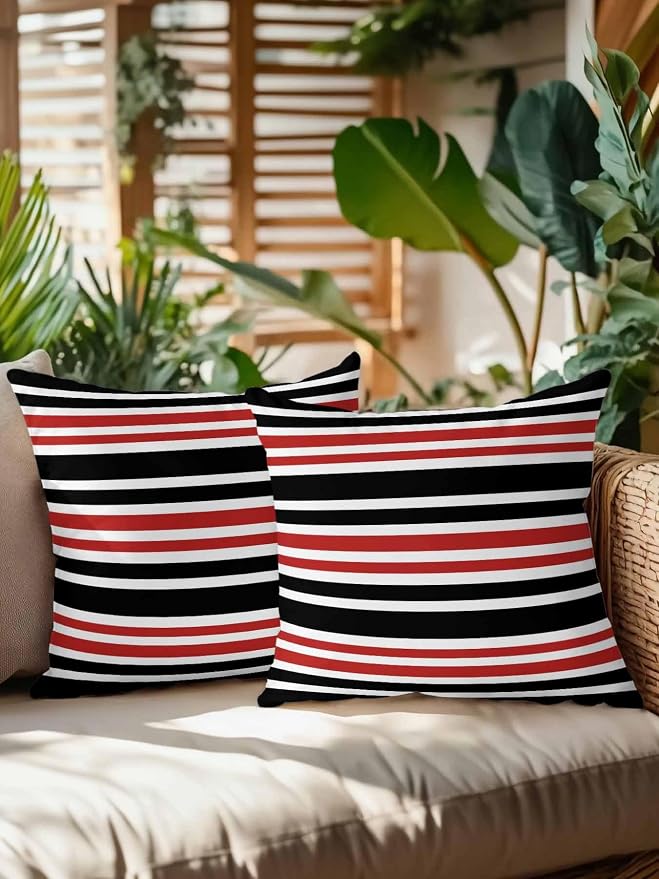 Outdoor Waterproof Throw Pillows Black Red Contrast Monochromatic Tones Patio Pillows Pack of 2,Decorative Pillow Covers with Insert,Pillow Cushion Case for Garden Couch Sofa Geometric Line