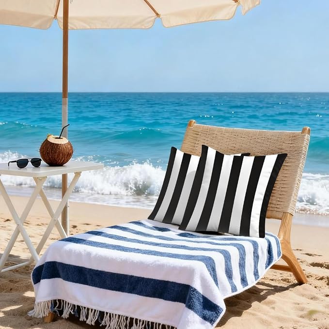 22x22 Inch Outdoor Pillow Covers Set of 2 Waterproof Throw Pillow Covers Decorative Couch Cushion Covers Black White Striped Square Pillowcases Protectors for Patio Garden Sofa