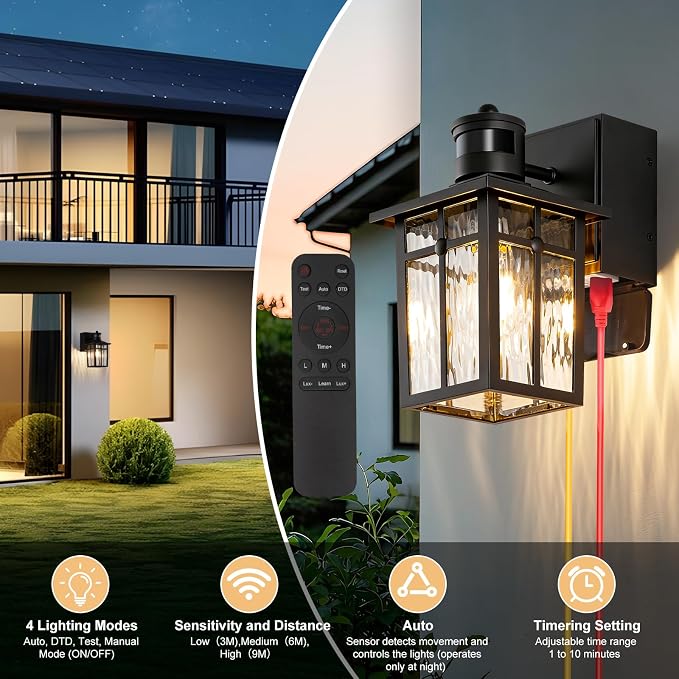 Porch Light with GFCI Outlet with Remote,Dusk to Dawn Motion Sensor Outdoor Light,Upgraded 4 Lighting Modes Black Front Door Light,Waterproof Outside Lights for House Patio Garage Entryway, 1 Pack