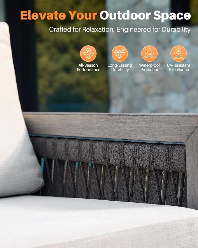Swivel Patio Chair, Never Rust Aluminum Outdoor Swivel Sofa Chair with Washable Cushions, Rope Weave Patio Sofa Armchair, Deep Seating Outdoor Club Chairs for Garden, Porch, Poolside, Gray Oak