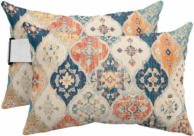 Pack of 2 Outdoor Lumbar Cushions with Inserts, Boho Vintage Abstract Art Rustic Morocco Texture Waterproof Fluffy Fade Body Pillows, Patio Furniture Pillow for Home Balcony Garden Decor 12x20IN