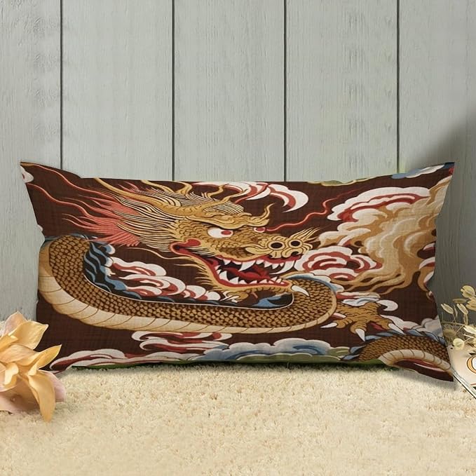 Set of 2 Chinese Oriental Style Asian Dragon Gold Pillow Covers 12x24in Farmhouse Canvas Cushion Covers Outdoor for Couch Chair Home Decor for Family Friends