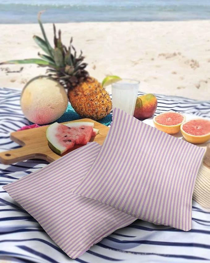 Outdoor Waterproof Throw Pillow Covers Set of 2 Purple Stripes Pillowcases 18x18 Inches Linen Classic Vertical Striped Patio Decorative Pillows Cushion Case Patio Pillows for Couch Bed Chair Garden