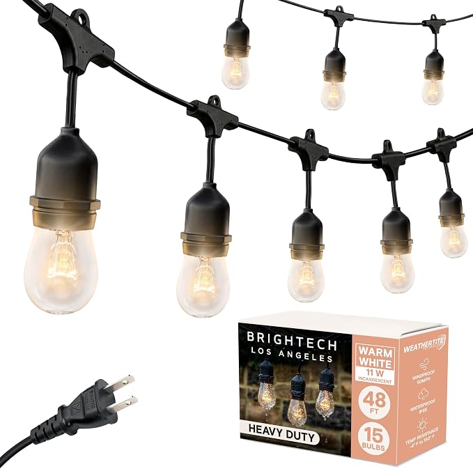 Brightech Ambience Pro Incandescent Outdoor String Lights - Commercial Grade Waterproof Patio Lights with 48 Ft Dimmable Edison Bulbs, Porch String Lights for Patio, Backyard - 15 Bulbs 11W