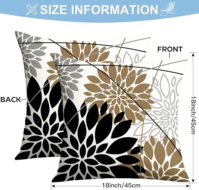 OTOSTAR Outdoor Black Brown Pillow Covers 18x18 Inch Set of 2 Light Brown Flower Throw Pillows Farmhouse Geometric Dahlia Floral Square Cushion Case Waterproof Decor for Sofa Patio Funiture Garden