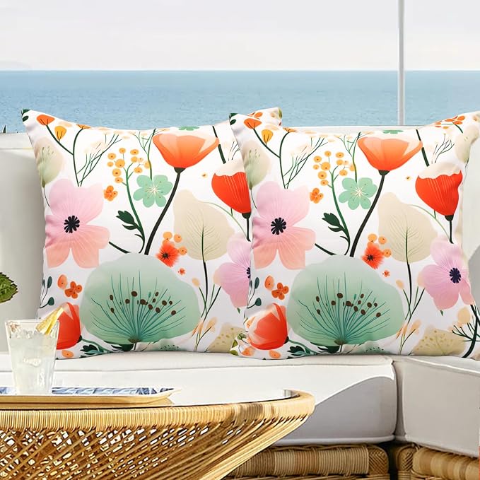 Floral Outdoor Throw Pillow Covers 18x18 Waterproof Colorful Summer Spring Garden Decorative Square Patio Pillows Outdoor Pillows Covers for Patio Furniture Set of 2 (No Pillow Insert)