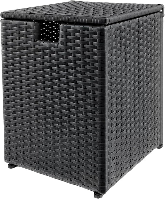 20 LB Wicker Propane Tank Cover Table, Weatherproof Outdoor Propane Tank Hide with Adjustable Feet,Perfect for Backyard, Balcony and Poolside（Black）