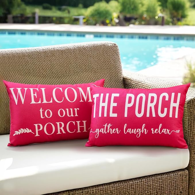Porch Decor Pink Outdoor Lumbar Pillow Covers Waterproof 12x20 for Patio | Set of 2, Porch Decorations Outdoor, Porch Pillows, Outdoor Pillows Waterproof, Outdoor Pillows for Patio Furniture