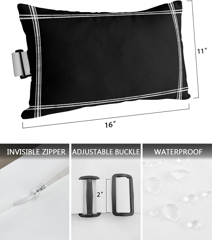 Outdoor Pillows Covers with Inserts Solid Color Black Waterproof Recliner Pillow with Adjustable Strap Throw Pillows for Patio Furniture Pool Lounge Chair, 11x16 inch, 1PCS