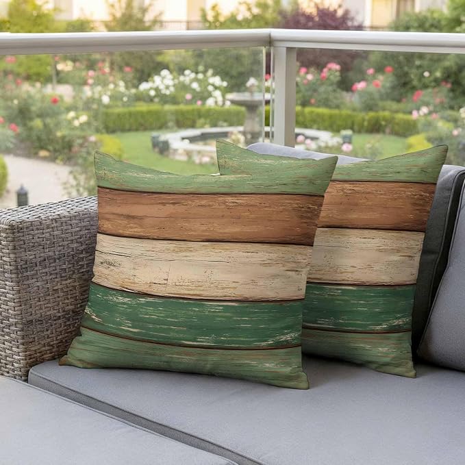 Farmhouse Dark Sage Green Brown Outdoor Waterproof Pillow Covers, Vintage Wooden Striped Decorative Square Throw Pillowcase Sofa Cushion Sham for Patio/Couch/Chair, 26"x26" 2 Pack