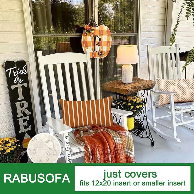 Outdoor Pillows Covers 12x20 Waterproof,Orange and Beige Set of 4(No Insert | for Covered Patio Furniture,No Insert Just Covers,Fit 12x20 inch Inserts or Smaller,Durable Polyester,Boho Lumbar
