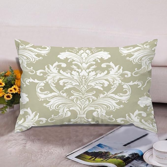 Set of 2 Tan Off Green White Damask Pattern Print Pillow Cases 12x18in Cushion Covers Farmhouse Pillows Covers for Couch Living Room Office Soft Rectangle Accent Pillowcase for Kids