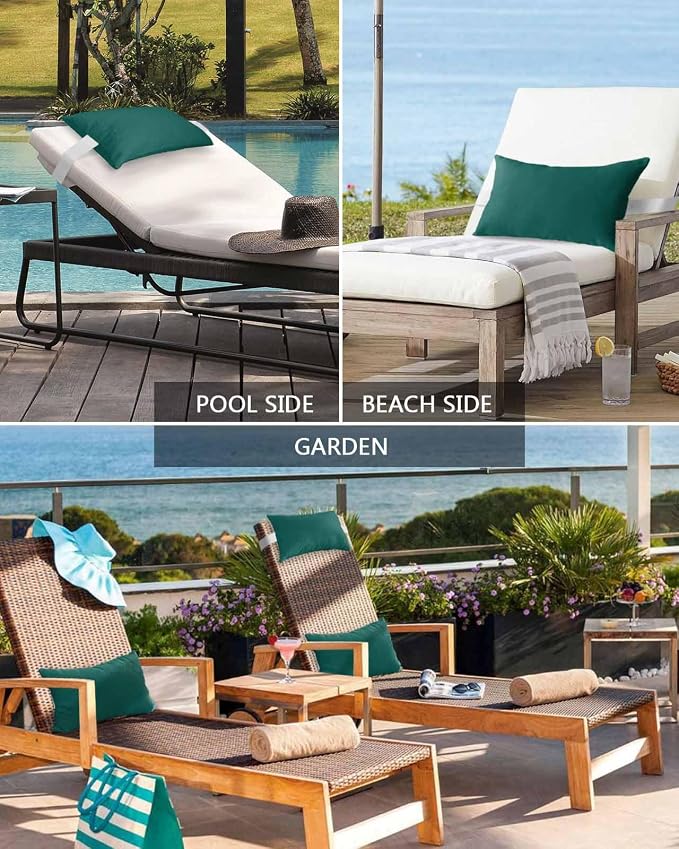 DecorLovee Dark Green Outdoor Recliner Pillows for Head, Modern Pure Green Waterproof Chair Pillow with Elastic Stripe, Farmhouse Chaise Lounge Headrest Pillow for Patio/Beach/Pool 2Pack, 11"x16"